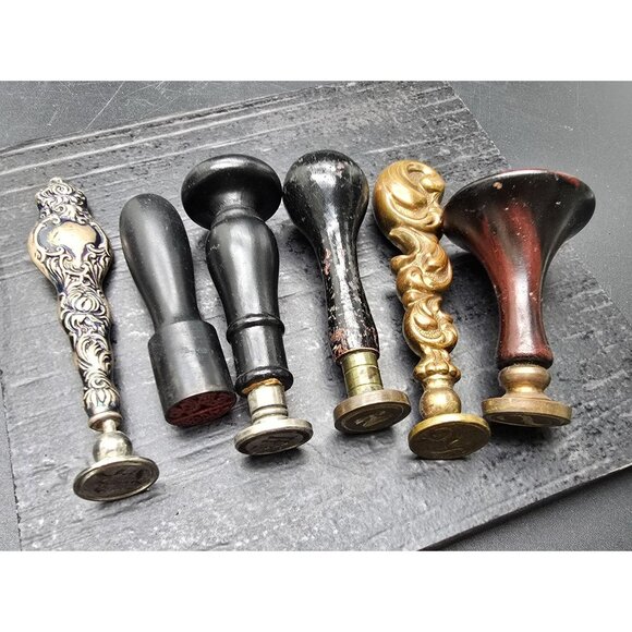 Set Of 6 Antique Wax Seal Stamp Seals Various Handles & Monograms HS286 - Picture 1 of 11